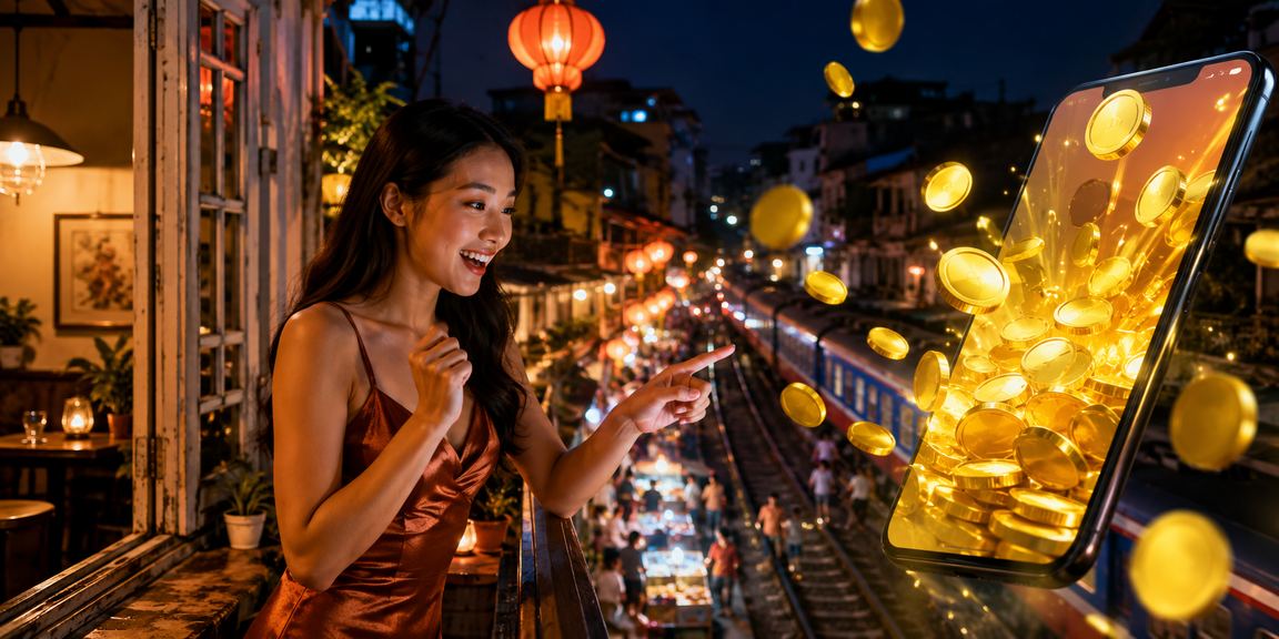 Người dùng tại Hà Nội xem thông tin giải thưởng casino trên điện thoại bên ly cà phê buổi sáng