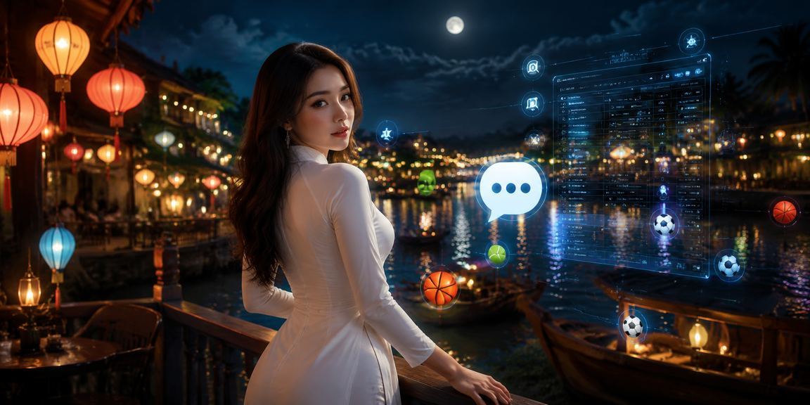 Người dùng trải nghiệm ứng dụng cá cược 2609 trên điện thoại tại Hội An với trang phục áo dài truyền thống